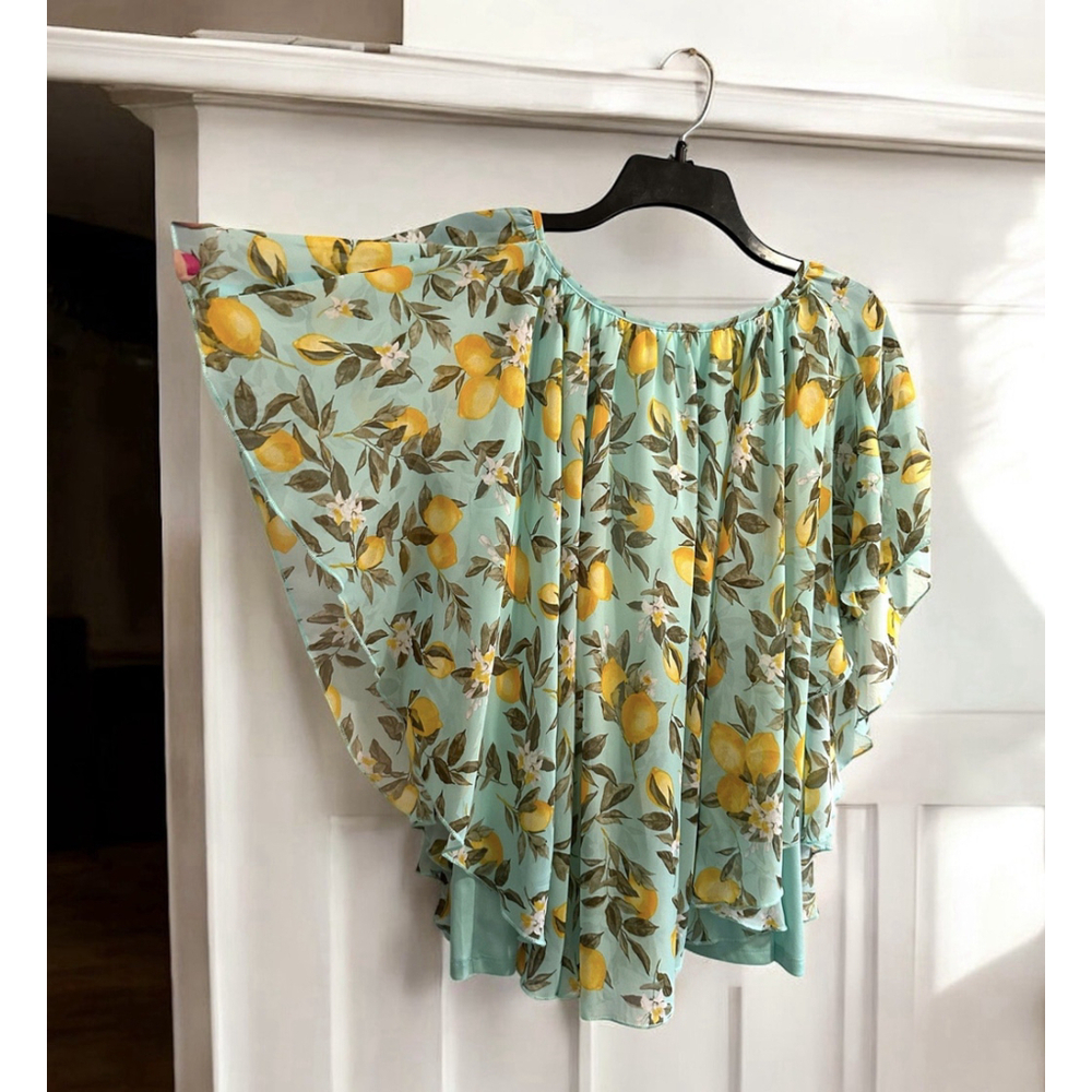 CATO Floral Cape Blouse Womens XL Green Lightweight Lemons Fully Lined Fairy